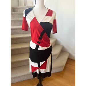 Joseph Ribkoff Abstract Black, Red White Faux Wrap Sheath Dress